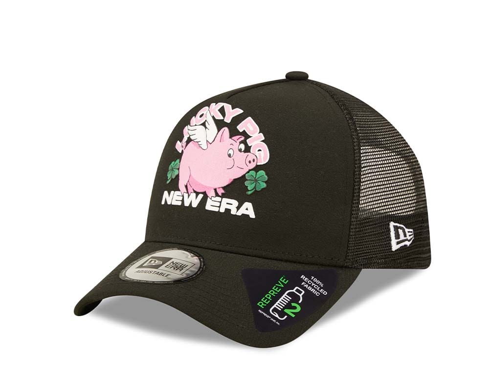 New Era Lucky Pig Logo Black A Frame Trucker Snapback Casquette