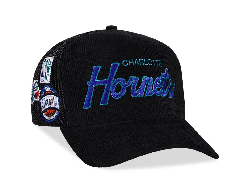 Mitchell & Ness Charlotte Hornets Times up Black Cord Hardwood Classic Trucker Snapback Casquette